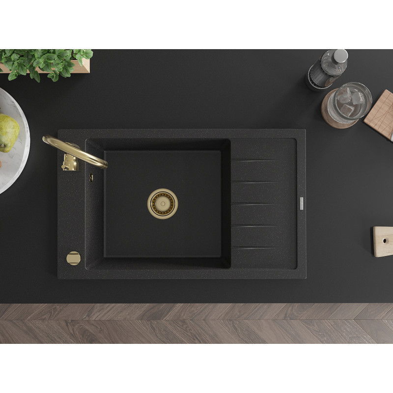 Mexen Elias granitový dřez 1-komorový s odkapávačem 795 x 480 mm, černý/stříbrný metalik, sifon zlatý - 6511791005-73-G
