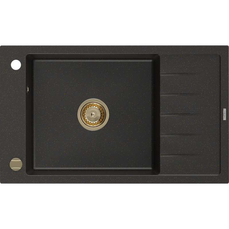 Mexen Elias granitový kuchyňský dřez 1-miskový s odkapávačem 795 x 480 mm, černý/zlatý metalik, zlatý sifon - 6511791005-75-G