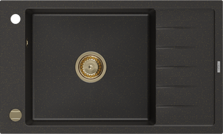 Mexen Elias granitový kuchyňský dřez 1-miskový s odkapávačem 795 x 480 mm, černý/zlatý metalik, zlatý sifon - 6511791005-75-G
