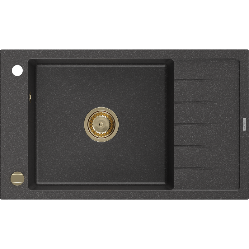 Mexen Elias granitový dřez 1-komorový s odkapávačem 795 x 480 mm, černý skvrnitý, zlatý sifon - 6511791005-76-G