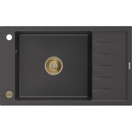 Mexen Elias granitový dřez 1-komorový s odkapávačem 795 x 480 mm, černý skvrnitý, zlatý sifon - 6511791005-76-G