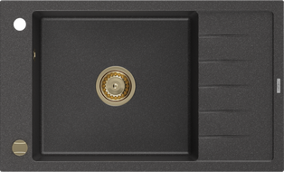 Mexen Elias granitový dřez 1-komorový s odkapávačem 795 x 480 mm, černý skvrnitý, zlatý sifon - 6511791005-76-G