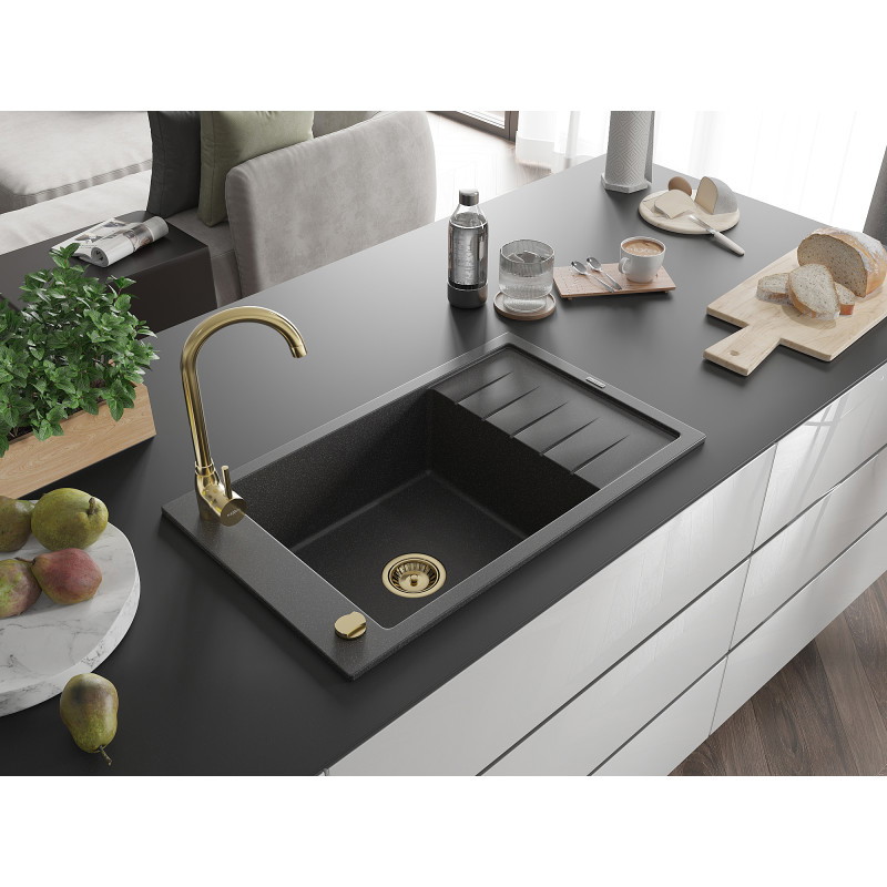 Mexen Elias granitový dřez 1-komorový s odkapávačem 795 x 480 mm, černý kropenatý, zlatý sifon - 6511791005-76-G