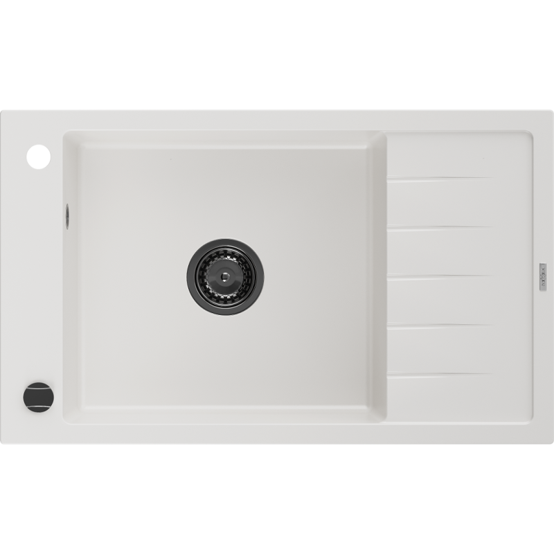 Mexen Elias granitový dřez 1-komorový s odkapávačem 795 x 480 mm, bílý, černý sifon - 6511791005-20-B