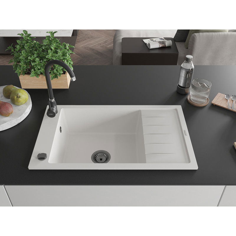 Mexen Elias granitový dřez 1-komorový s odkapávačem 795 x 480 mm, bílý, černý sifon - 6511791005-20-B