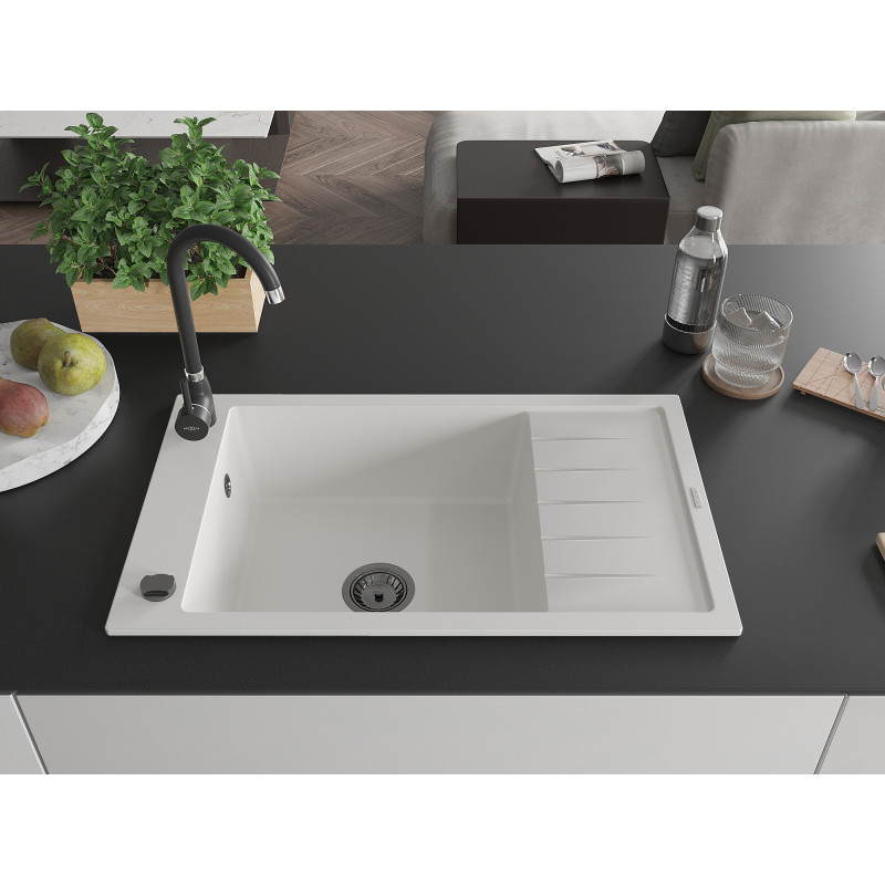 Mexen Elias žulový dřez s jednou komorou a odkapávačem 795 x 480 mm, bílý, černý sifon - 6511791005-20-B