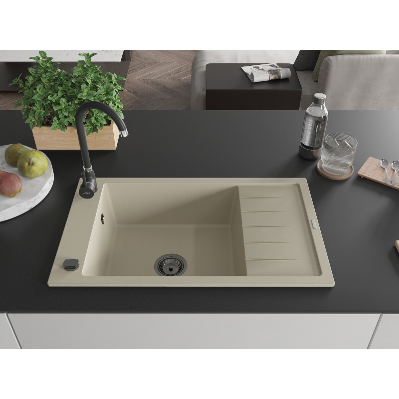 Mexen Elias granitový kuchyňský dřez 1-komorový s odkapávačem 795 x 480 mm, béžový, černý sifon - 6511791005-69-B