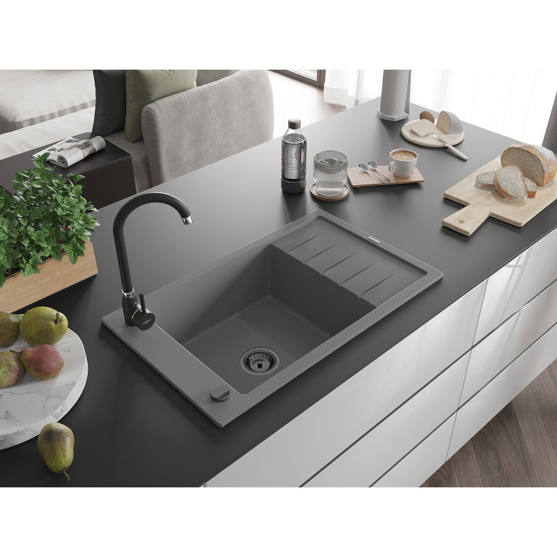 Mexen Elias granitový jednodřez s odkapávačem 795 x 480 mm, šedý, černý sifon - 6511791005-71-B