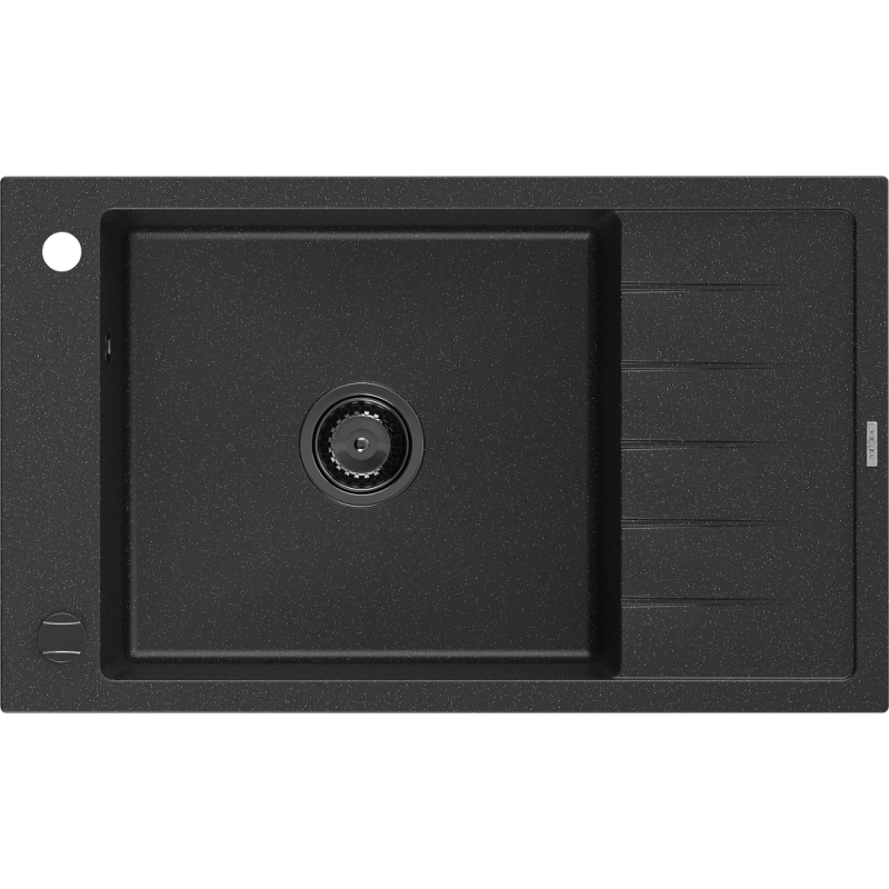 Mexen Elias granitový dřez 1-komorový s odkapávačem 795 x 480 mm, černý/stříbrný metalický, černý sifon - 6511791005-73-B