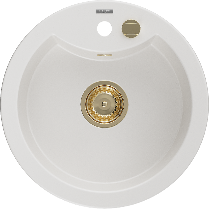 Mexen Diego granitový dřez 1-komorový 488 x 480 mm, bílý, sifon zlatý - 6512481000-20-G