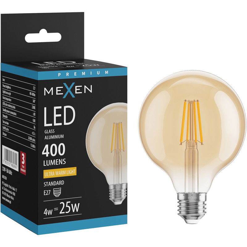 Mexen Vintis LED žárovka filament E27, G95, 4W, Teplá - 2200K, 400 lm, jantarová - L157-E27-0422-50