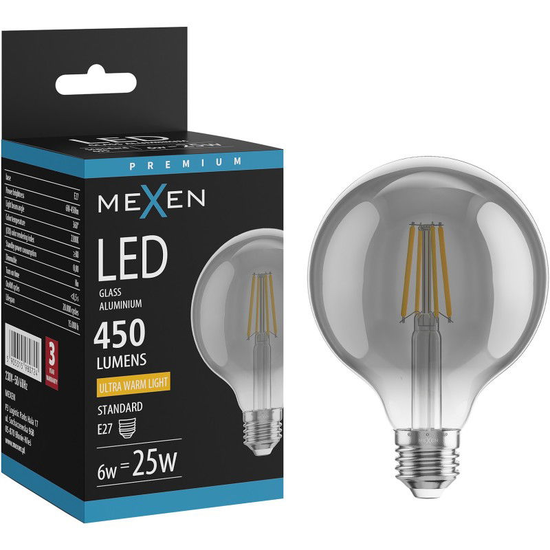 Mexen Vintis LED žárovka filament E27, G95, 6W, Teplá - 2200K, 450 lm, kouřová - L157-E27-0622-70