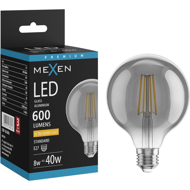 Mexen Vintis LED žárovka filament E27, G95, 8W, Teplá - 2200K, 600 lm, kouřová - L157-E27-0822-70