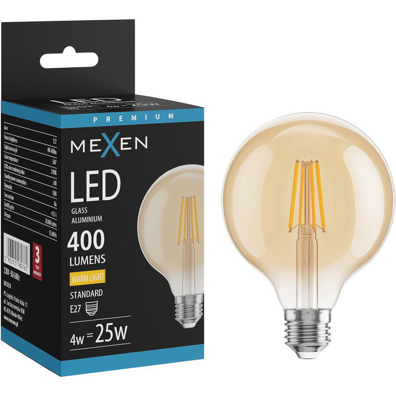 Mexen Vintis LED filamentová žárovka E27, G95, 4W, Teplá - 2700K, 400 lm, jantarová - L157-E27-0427-50