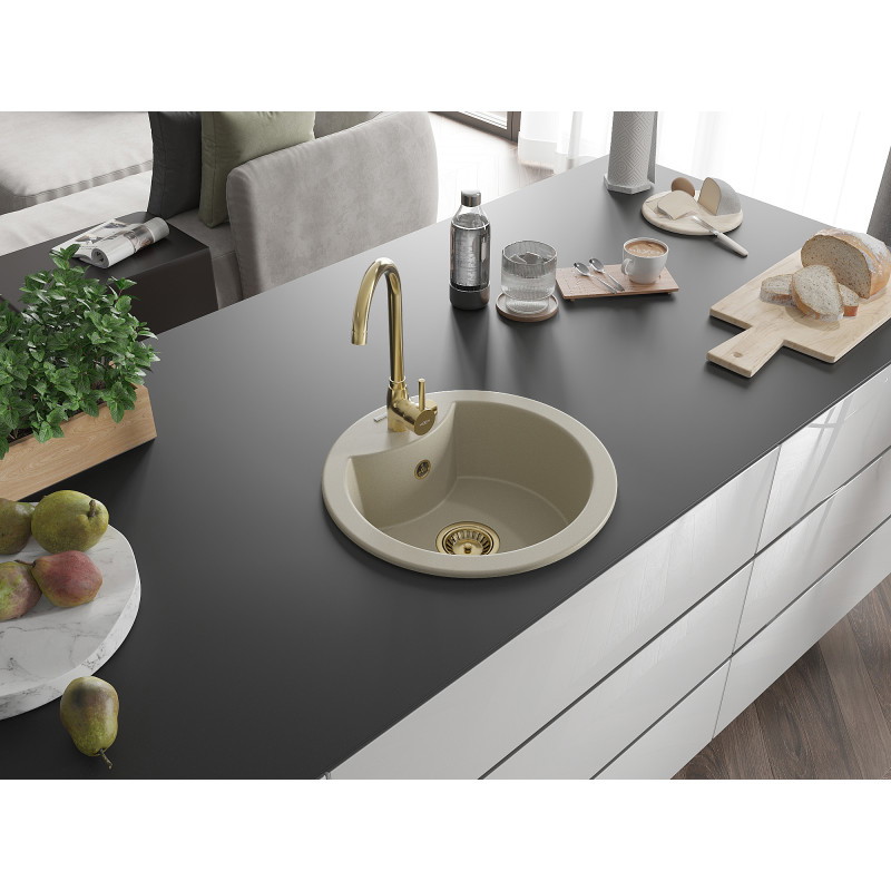 Mexen Diego granitový dřez 1-komorový 488 x 480 mm, béžový, sifon zlatý - 6512481000-69-G