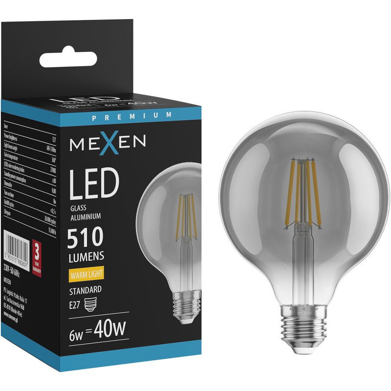 Mexen Vintis LED žárovka filament E27, G95, 6W, Teplá - 2700K, 510 lm, kouřová - L157-E27-0627-70