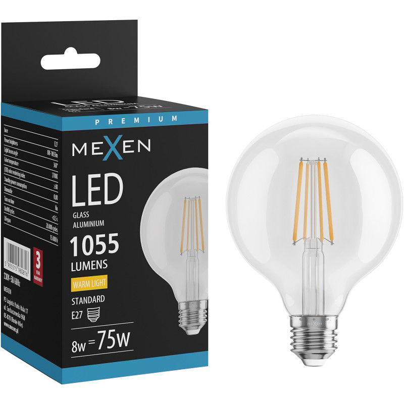 Mexen Vintis Žárovka filament LED E27, G95, 8W, Teplá - 2700K, 1055 lm, čirá - L157-E27-0827-00