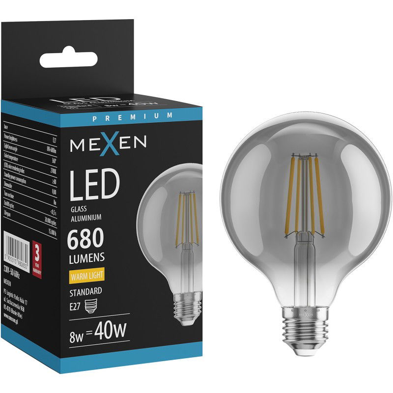 Mexen Vintis LED žárovka se žhavicím vláknem E27, G95, 8W, Teplá - 2700K, 680 lm, kouřová - L157-E27-0827-70