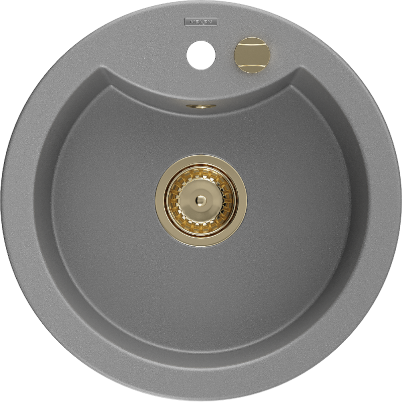 Mexen Diego žulový dřez 1-komorový 488 x 480 mm, šedý, sifon zlatý - 6512481000-71-G