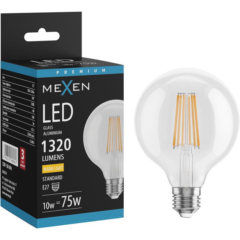 Mexen Vintis LED vlákno žárovka E27, G95, 10W, Teplá - 2700K, 1320 lm, čirá - L157-E27-1027-00