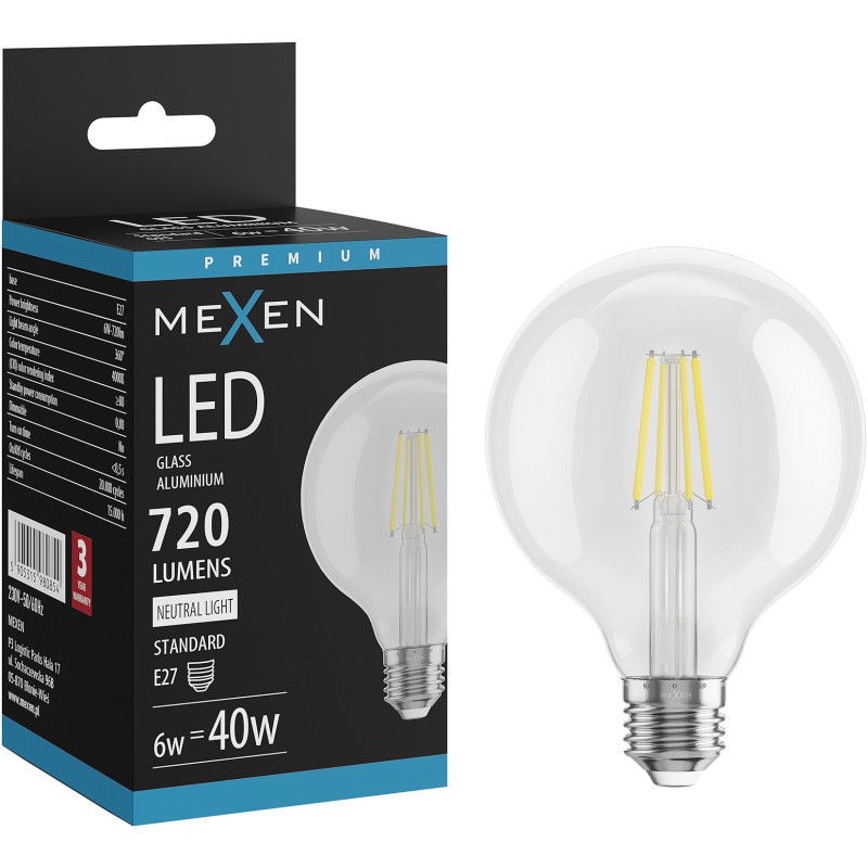 Mexen Vintis LED filament žárovka E27, G95, 6W, Neutrální - 4000K, 720 lm, čirá - L157-E27-0640-00