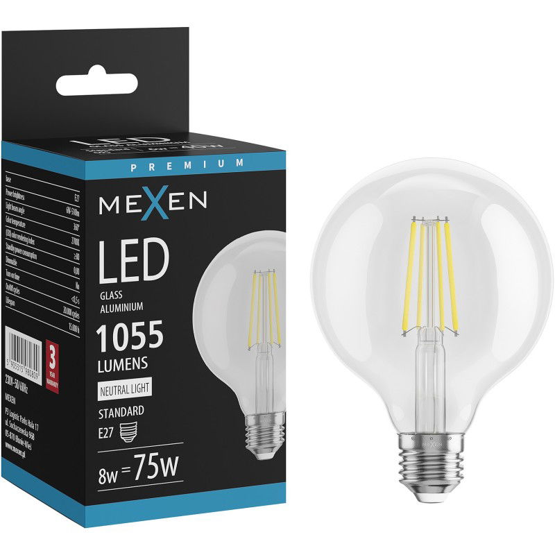 Mexen Vintis LED žárovka E27, G95, 8W, Neutrální - 4000K, 1055 lm, čirá - L157-E27-0840-00