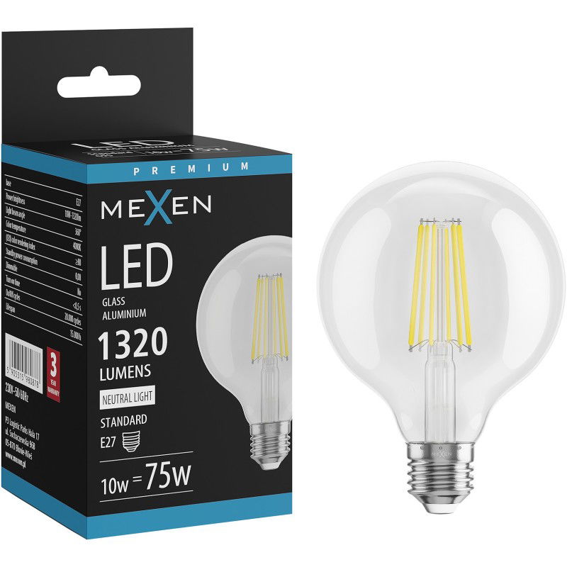 Mexen Vintis LED žárovka klasická E27, G95, 10W, Neutrální - 4000K, 1320 lm, čirá - L157-E27-1040-00