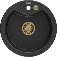 Mexen Diego jednorázový granitový dřez 488 x 480 mm, černá/stříbrná metalíza, zlatý sifon - 6512481000-73-G