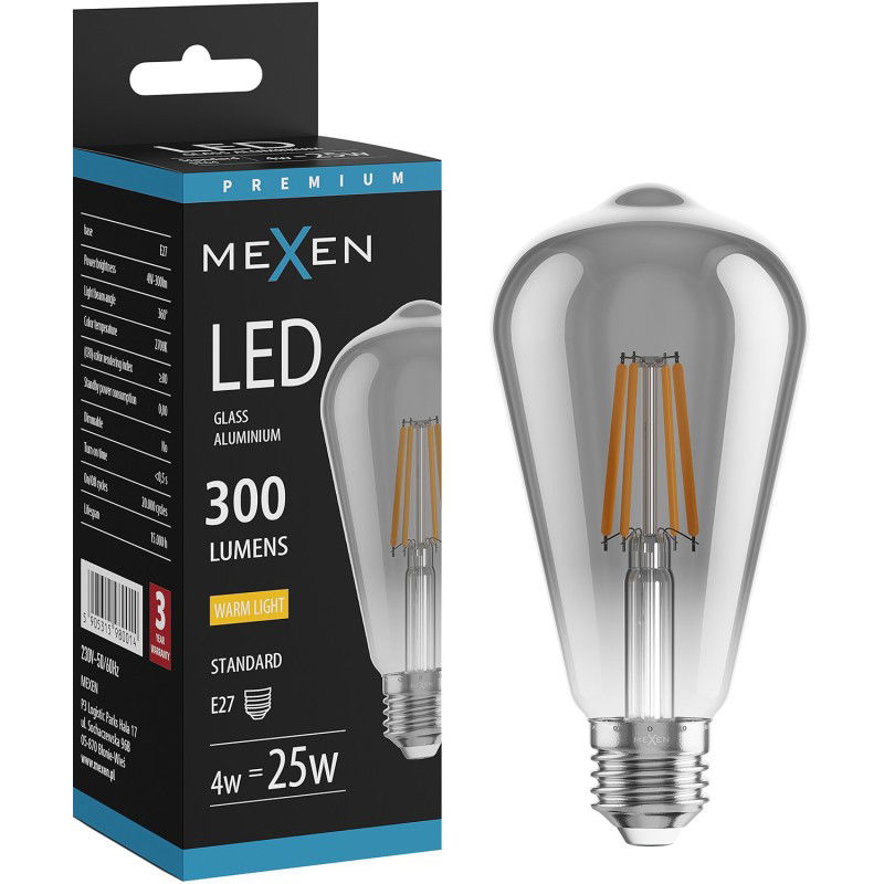 Mexen Vintis Žárovka filament LED E27, ST64, 4W, Teplá - 2200K, 300 lm, kouřová - L152-E27-0422-70