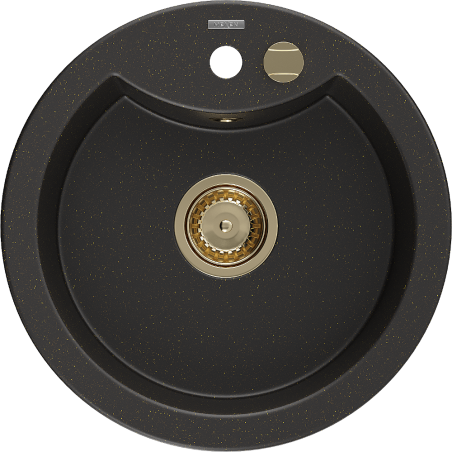 Mexen Diego granitový dřez 1-komorový 488 x 480 mm, černý/zlatý metalik, zlatý sifon - 6512481000-75-G