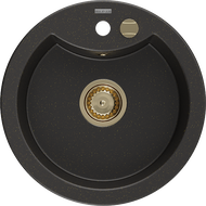 Mexen Diego granitový dřez 1-komorový 488 x 480 mm, černý/zlatý metalik, zlatý sifon - 6512481000-75-G