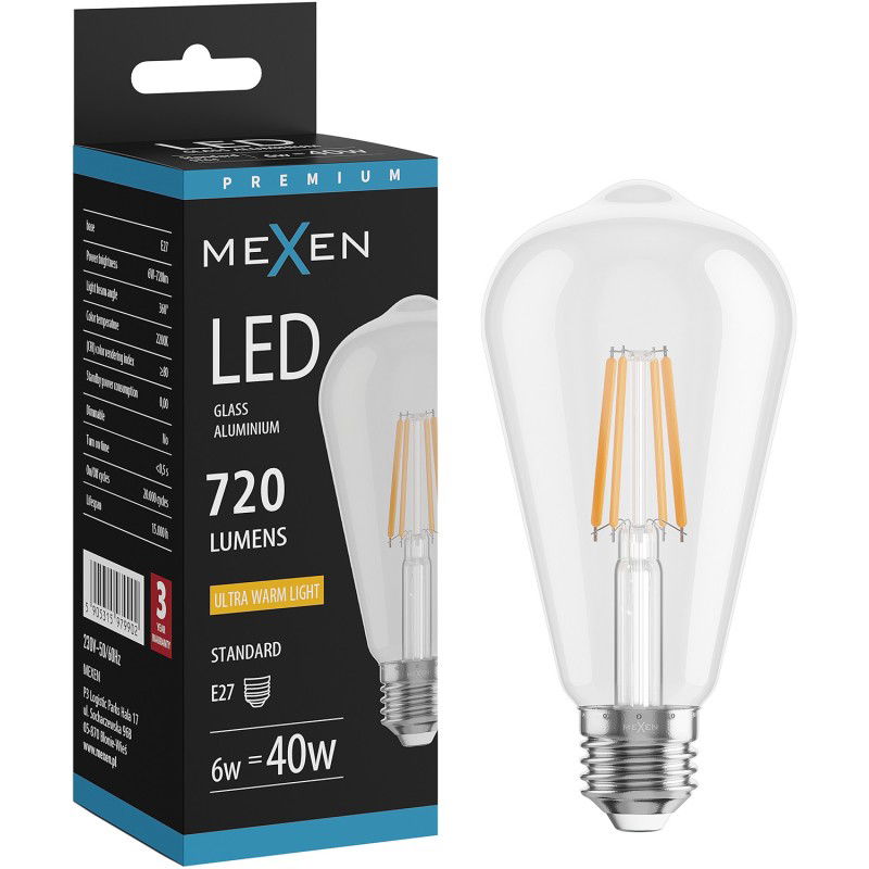 Mexen Vintis LED žárovka filament E27, ST64, 6W, Teplá - 2200K, 720 lm, čirá - L152-E27-0622-00
