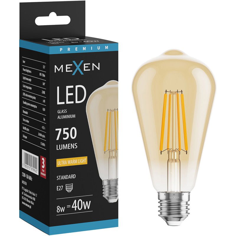 Mexen Vintis LED žárovka filament E27, ST64, 8W, Teplá - 2200K, 750 lm, jantarová - L152-E27-0822-50