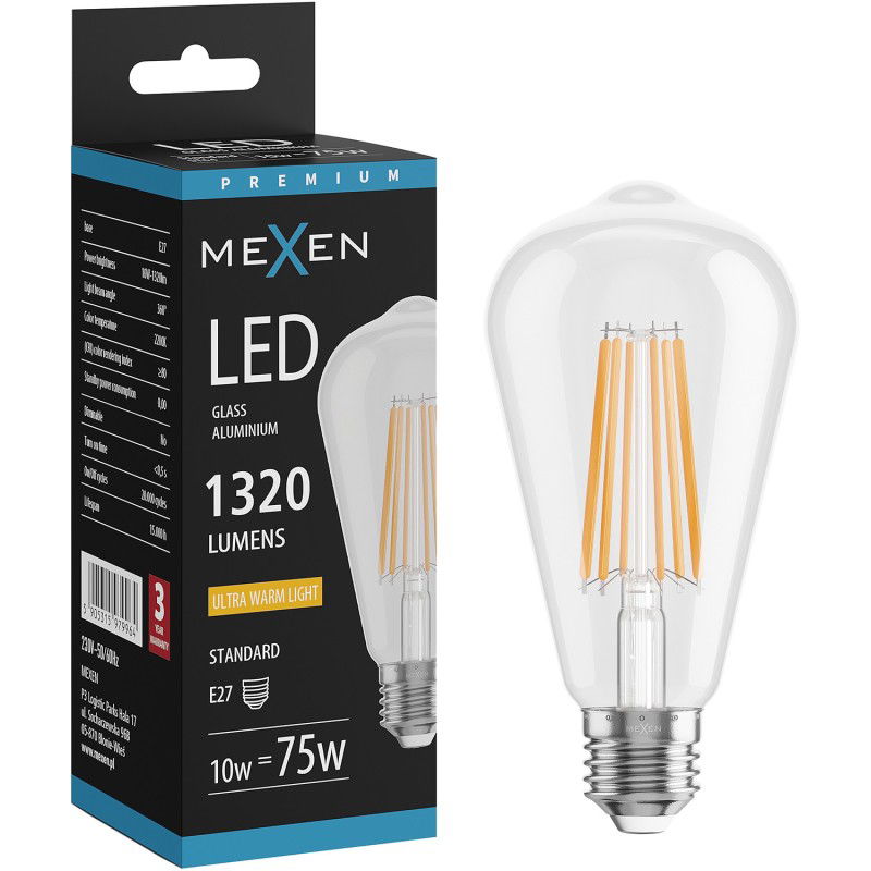 Mexen Vintis LED filamentová žárovka E27, ST64, 10W, Teplá - 2200K, 1320 lm, čirá - L152-E27-1022-00