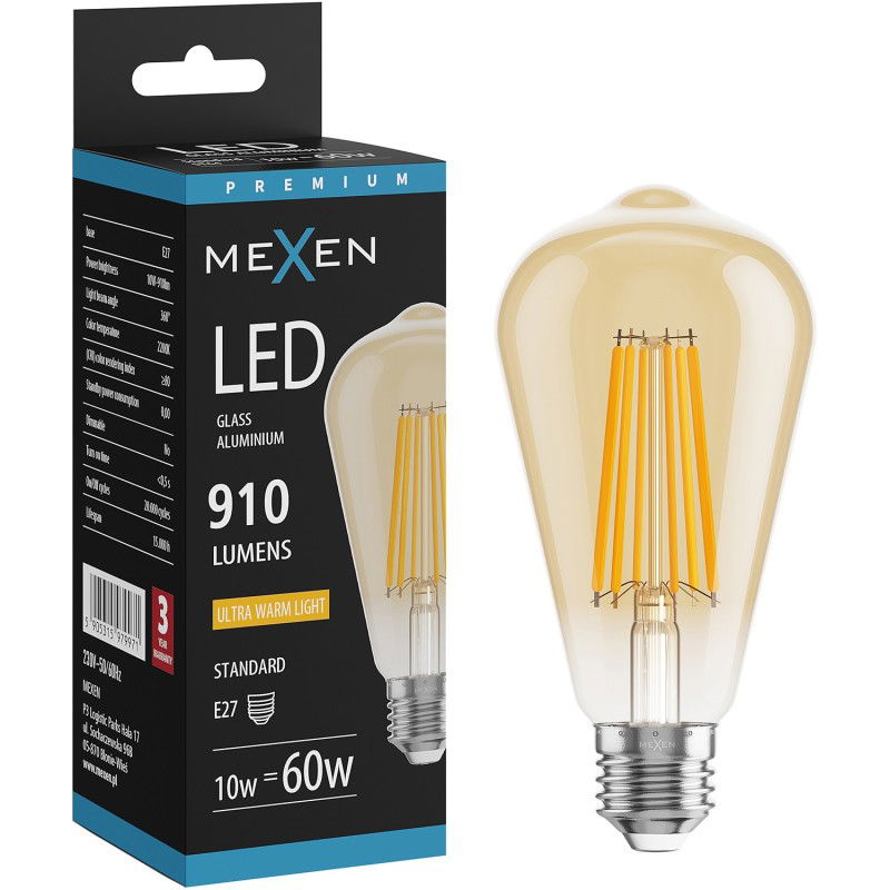 Mexen Vintis Žárovka filament LED E27, ST64, 10W, Teplá - 2200K, 910 lm, jantarová - L152-E27-1022-50