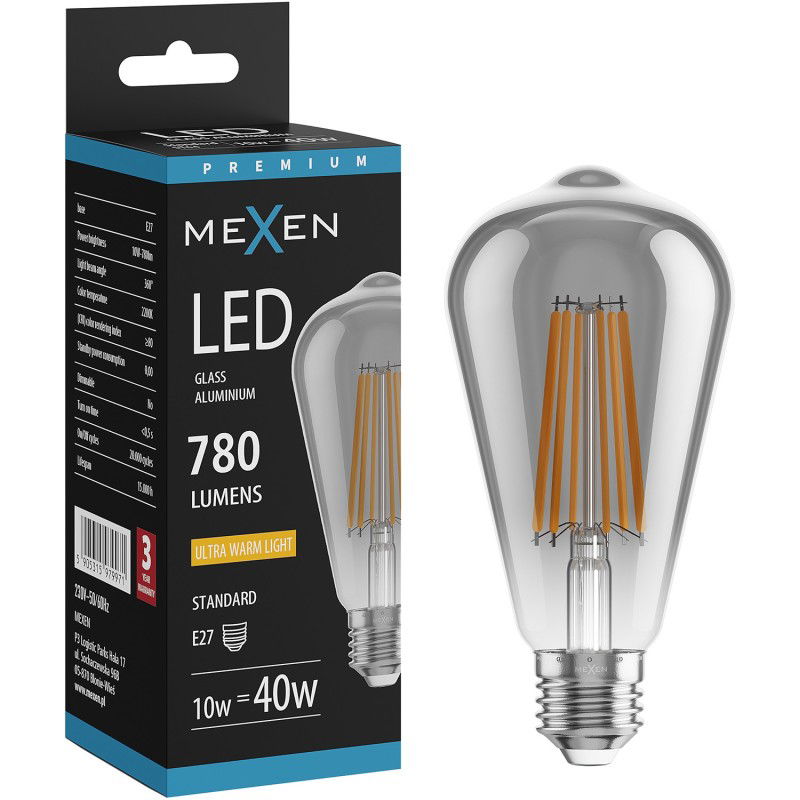 Mexen Vintis LED žárovka filament E27, ST64, 10W, Teplá - 2200K, 780 lm, kouřová - L152-E27-1022-70