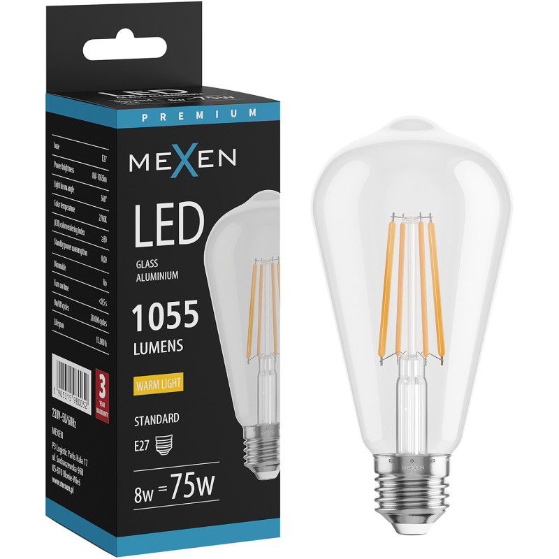 Mexen Vintis Žárovka filament LED E27, ST64, 8W, Teplá - 2700K, 1055 lm, čirá - L152-E27-0827-00