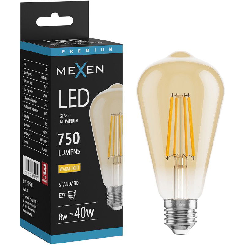 Mexen Vintis LED vlákno žárovka E27, ST64, 8W, Teplá - 2700K, 750 lm, jantarová - L152-E27-0827-50