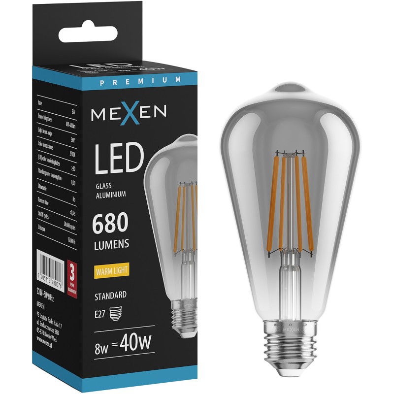 Mexen Vintis LED filament žárovka E27, ST64, 8W, Teplá - 2700K, 680 lm, kouřová - L152-E27-0827-70