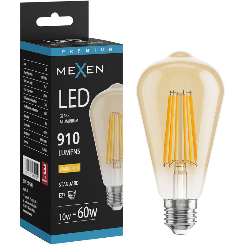 Mexen Vintis LED žárovka filament E27, ST64, 10W, Teplá - 2700K, 910 lm, jantarová - L152-E27-1027-50
