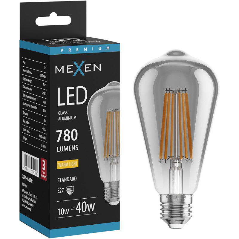 Mexen Vintis LED žárovka vlákno E27, ST64, 10W, Teplá - 2700K, 780 lm, kouřová - L152-E27-1027-70