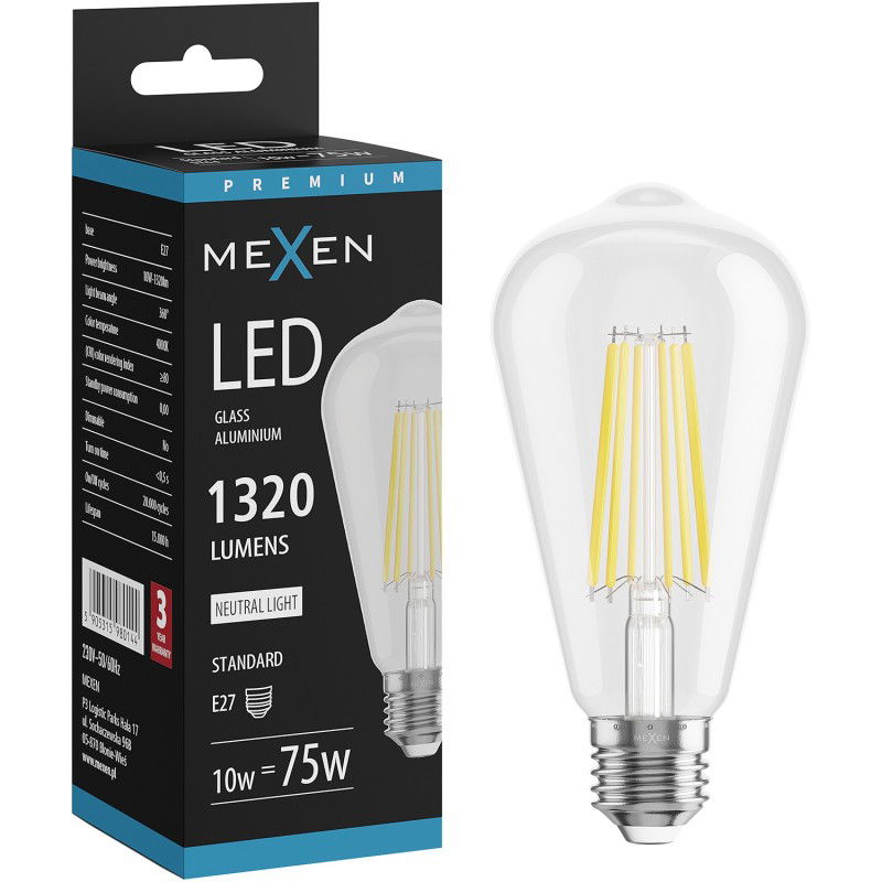 Mexen Vintis LED filamentová žárovka E27, ST64, 10W, Neutrální - 4000K, 1320 lm, čirá - L152-E27-1040-00