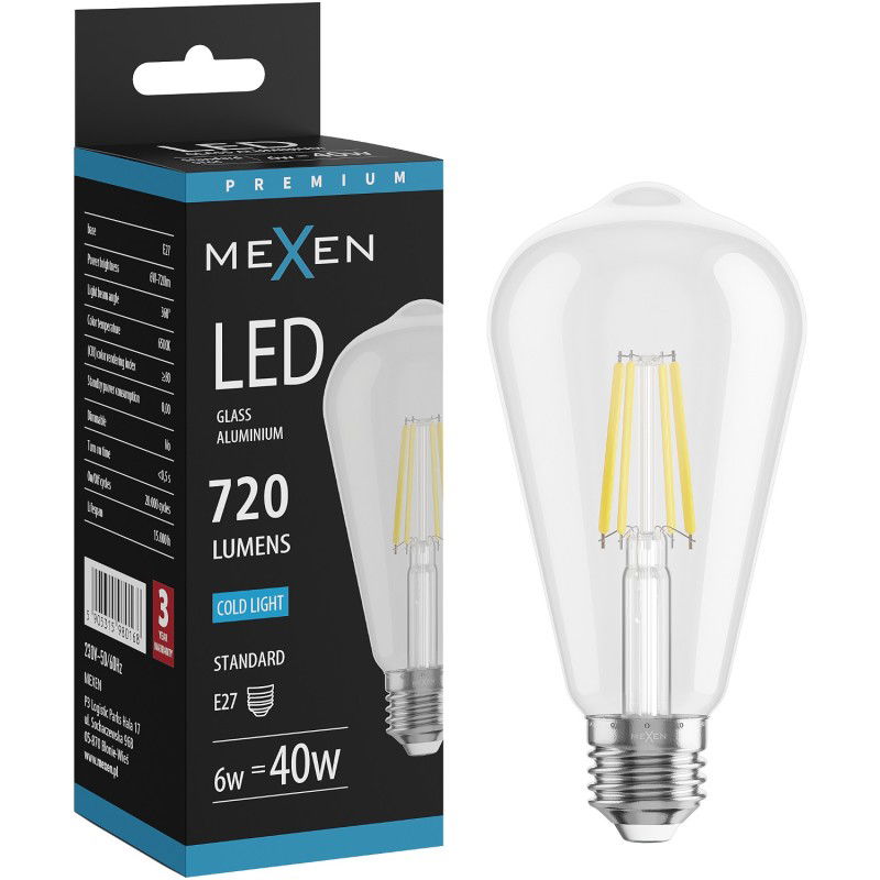 Mexen Vintis Žárovka filament LED E27, ST64, 6W, Studená - 6500K, 720 lm, čirá - L152-E27-0665-00