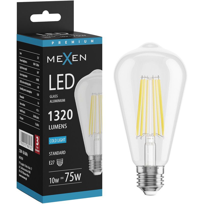 Mexen Vintis Žárovka filament LED E27, ST64, 10W, Studená - 6500K, 1320 lm, čirá - L152-E27-1040-00 - L152-E27-1065-00