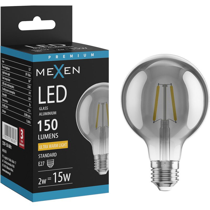Mexen Vintis LED žárovka filament E27, G80, 2W, Teplá - 2200K, 150 lm, kouř - L155-E27-0222-70