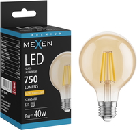 Mexen Vintis LED filamentová žárovka E27, G80, 8W, Teplá - 2200K, 750 lm, jantor - L155-E27-0822-50