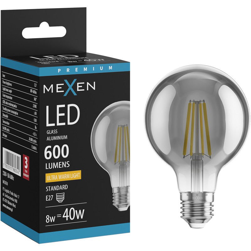 Mexen Vintis LED filament žárovka E27, G80, 8W, Teplá - 2200K, 600 lm, kouřová - L155-E27-0822-70
