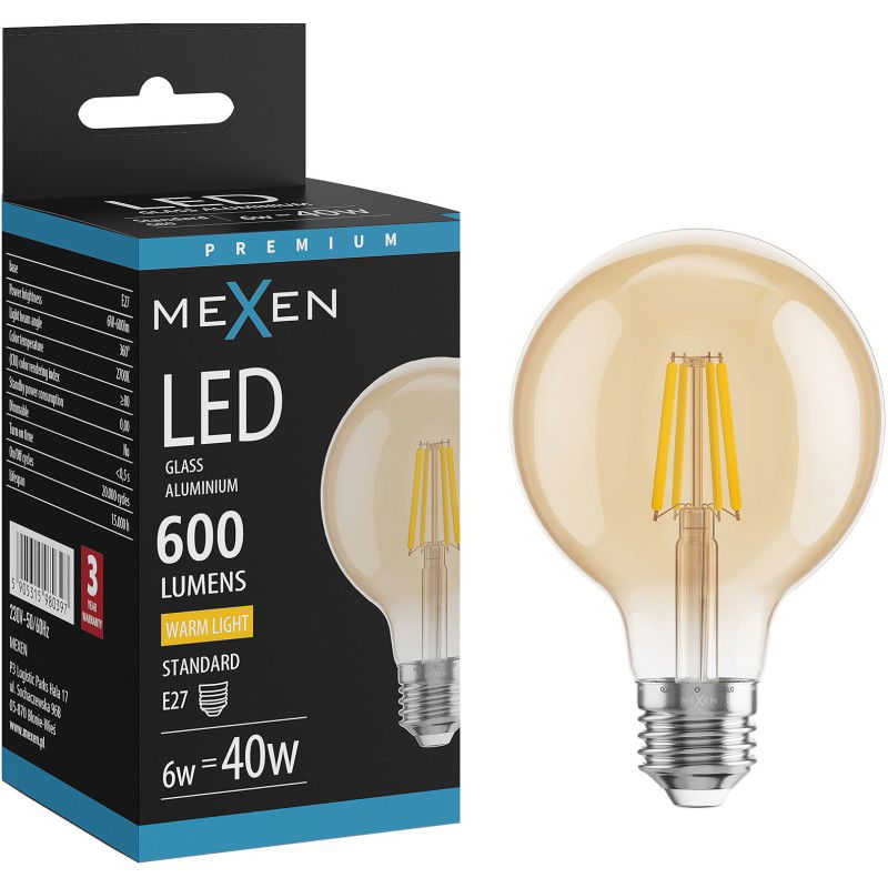 Mexen Vintis LED žárovka filament E27, G80, 6W, Teplá - 2700K, 400 lm, jantarová - L155-E27-0627-50