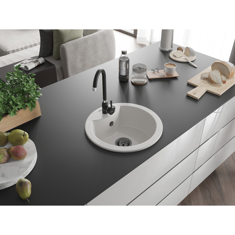 Mexen Diego granitový dřez 1-komorový 488 x 480 mm, bílý, sifon černý - 6512481000-20-B