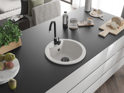 Mexen Diego granitový dřez 1-komorový 488 x 480 mm, bílý, černý sifon - 6512481000-20-B